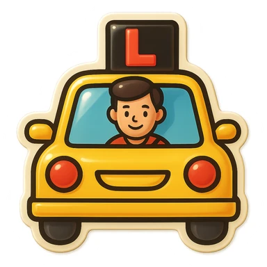 Add a visible driver inside the yellow car for learner driver, keep the retro stickers style and no background. sticker