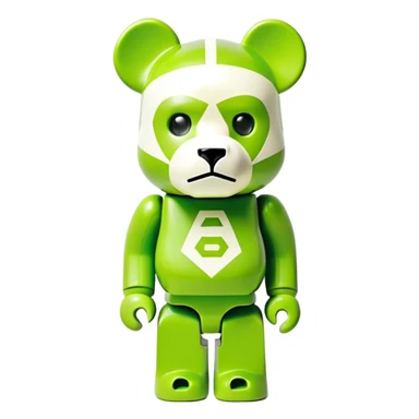authentic bearbrick figure with geometric bear head, lime green mask with Off-White diagonal stripes logo, distinct eyebrows, collectible toy sticker