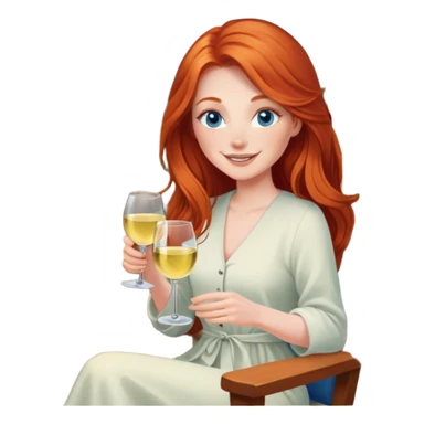 Happy redhead with long hair and blue eyes holding white wine sitting in chair beside fire outdoors sticker