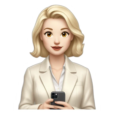 pale skin woman with ash blonde Straightened bob Hair, White Spacious classical jacket, beige palazzo Arrow pants and gray blouse holding white IPhone 15 pro in the hands sticker