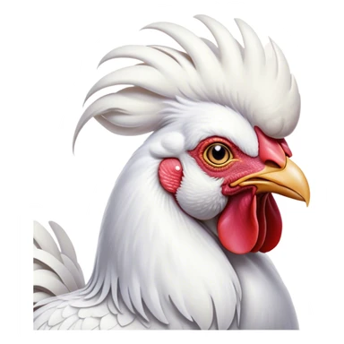 Cinematic Noble White Rooster Portrait Emoji, Poised and regal, with a robust, commanding build and a pristine, well-groomed pure white plumage, deep-set soulful piercing eyes, Simplified yet sharp and sophisticated features, highly detailed, glowing with a soft, dignified glow, high shine, intelligent and proud, stylized with an air of barnyard majesty, focused and attentive, soft glowing outline, capturing the essence of a watchful and confident leader, so majestic it feels as though it could crow out of the screen with effortless authority! sticker