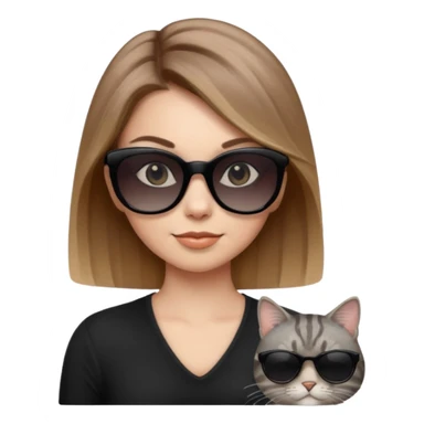 white woman with light brown ombre hair and grey tabby cat, both wearing black sunglasses, looking cool, soft realistic emoji style sticker