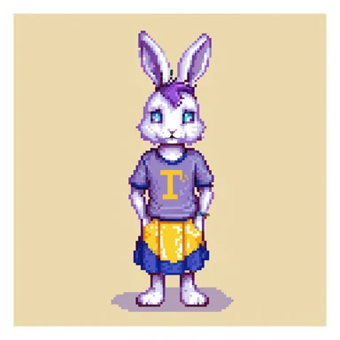 furry anthro male bunny with purple hair, blue eyes, purple and white fur, t-shirt and skirt, pixel art style, standing pose sticker