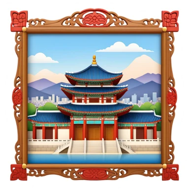 Cinematic Realistic Gyeongbokgung Palace Landmark Emoji, rendered with traditional Korean architecture, ornate wooden carvings, and vibrant colors, set against the backdrop of modern Seoul with soft evening light. sticker