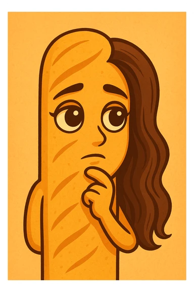 Create a cartoon style emoji in the shape of a breadstick with a thoughtful face, large deep eyes, closed mouth, delicate features, and long stylized hair inspired by the person in the reference photo. Use warm colors and a cartoon style. sticker