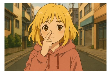 A girl yellow hair brown eyes pink Urban Heavy Loose Fit Hood Sweat touch your nose  sticker