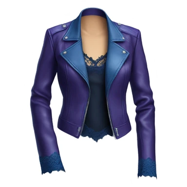 Realistic side view of a dark purple leather jacket with dark blue lace and blue silk camisole blouse underneath it. sticker