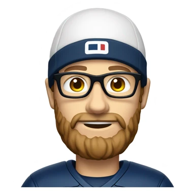 Caucasian man with brown hair and beard wearing glasses with American football jersey and cheese hat sticker