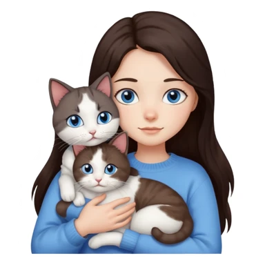 a girl with long dark 
brown hair, with blue eyes, in a
white sweater, hugs 3 different natural coloured cats sticker