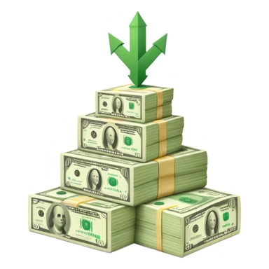 upward arrow next to a growing stack of cash money bills, financial growth sticker