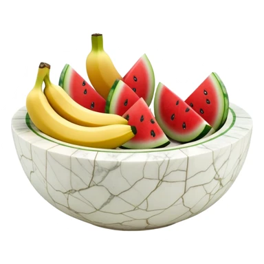 A simple 3D color illustration of a fruit bowl made of white marble with sliced watermelon square small pieces, sliced banana chunks with realistic shading and texture, on a pure white background. sticker