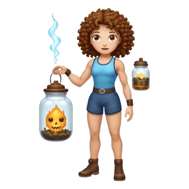 full body woman short curly brown mullet brown eyes white skin muscular build bug catcher spirit with glowing jar sticker