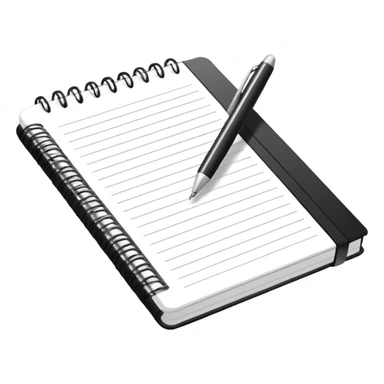 Minimal line-art icon of a notebook with a pen, clean modern style, simple outlines, slightly 3D, no background, transparent, suitable for video overlays, “documenting / journaling / tracking progress” theme. sticker