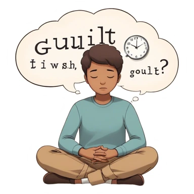 A person sits with their hands gently resting on their lap, eyes closed, exhaling slowly. Above them, a swirling thought bubble holds the words guilt and discomfort, but they don’t push it away—they just sit with it. In the background, a clock ticks softly, symbolizing the pause before responding. = sticker