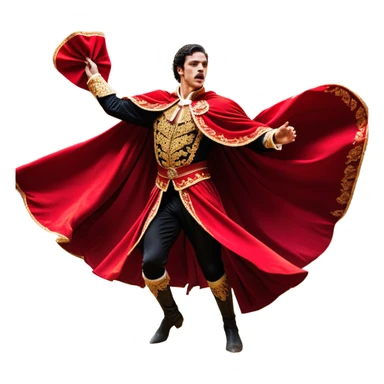 ​Cinematic Realistic Spanish Matador Holding a Red Cape, depicted in mid-action with a vibrant red cape flowing in the wind, dressed in an ornate traje de luces with shimmering details, confronting a charging bull in a dramatic arena, rendered with dynamic motion blur and vivid, high-contrast lighting, sticker