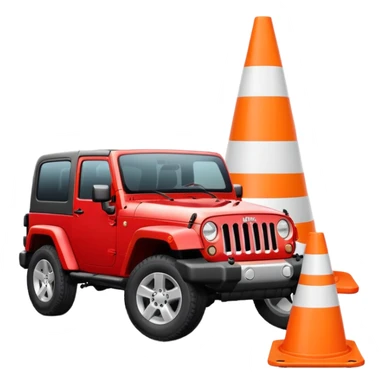 red Jeep Wrangler driving over a completely all-white traffic cone with no orange, no stripes, no markings, emoji style sticker