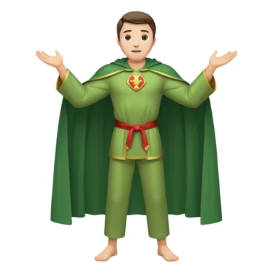 standing up healthy perfect man in simple greenish robe with cape and pants arms open sticker