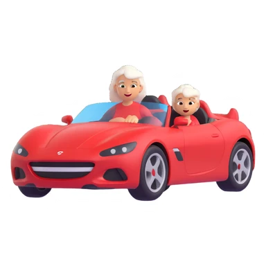 Make the red sports car 20% more realistic while keeping the mother with white hair looking fast and furious, dynamic motion effects, sporty 3D emoji style, no background sticker