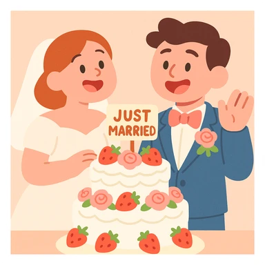 white wedding cake with strawberries, pink roses, 'Just Married' topper, pastel toon style sticker