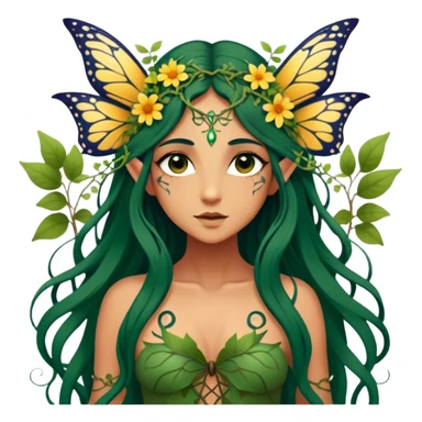 Cinematic Realistic Forest Nymph Fairy Portrait, depicted with lifelike, sun-kissed tanned skin that radiates an earthy glow, softly illuminated by natural, dappled light. Her long, flowing dark green hair is intricately detailed and interwoven with delicate vines and wildflowers, while her deep, soulful eyes mirror the wisdom of the forest. Dressed in an attire inspired by nature’s palette—with subtle botanical motifs—the portrait exudes a soft, enchanted glow that melds realism with woodland magic showing her large butterfly wings from her back. sticker