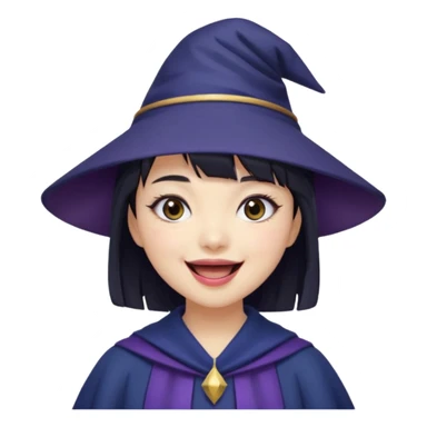 An Asian short-haired girl with short raven hair and bangs, with heterochromia eyed, eyeliner, and laughs with teeth and her tiny fang of mauve-toned lipstick, wears a dark navy wizard hat with an emblem on it. sticker