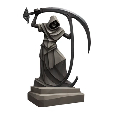 Stone sculpture Reaper scythe with a geometric, faceted design. The scythe is standing upright on a base with angular and baroque features. The vibrant midtone subtlety of dark neutrals highlights the sharp edges and planes.  sticker