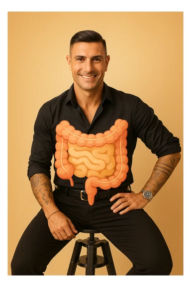 Vertical format: a relaxed and smiling man with a transparent illustration of a healthy and cared-for intestine in the abdominal area, using warm and reassuring colors. sticker