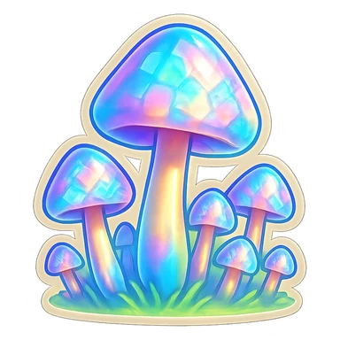 a field of opal crystal mushrooms with glowing stems sticker