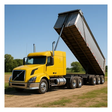highly photorealistic Volvo yellow semi sleeper truck with a long silver end dump trailer in the raised dump position, parked in a rural country setting with fields and trees, bright daytime lighting, clear sky sticker