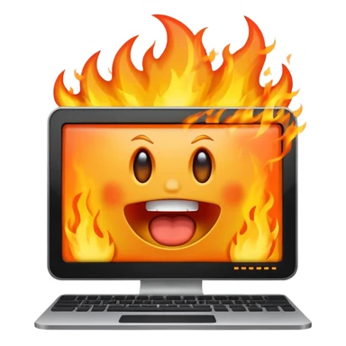 a computer screaming in excitement, fire behind it sticker