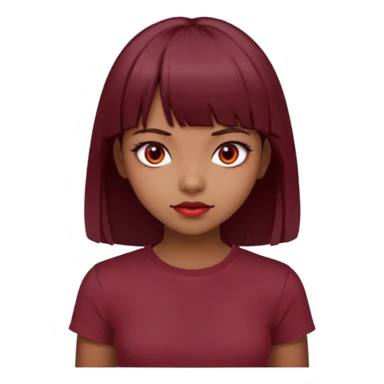 beautiful girl with dark maroon medium hair, straight bangs and red bando, red eyes and brown tshirt  sticker