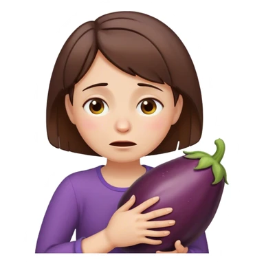 Girl with short brown hair hugging eggplant crying sticker