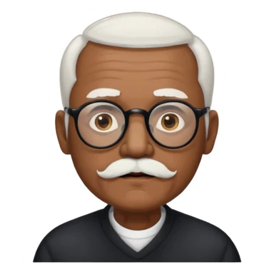 an elderly man with medium-dark skin tone, bald on top with short white hair at the sides, thick white eyebrows, large brown eyes, and wears black-framed glasses.
A small white beard sits above his mouth sticker
