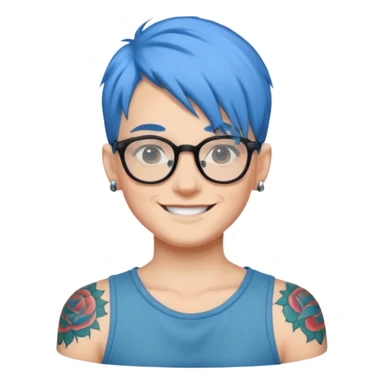 smiling person with blue hair, glasses, tattoo sticker