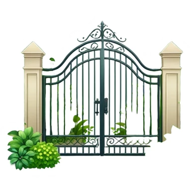 house entrance with iron gate and fence surrounded by lush green plants and bushes sticker