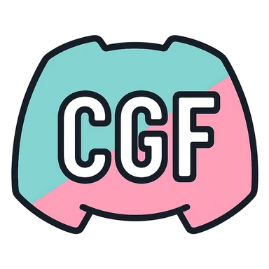Discord emoji for a server featuring the letters 'CGF' in white and pastel colors, clean, modern, easily readable, transparent background, 128x128 sticker