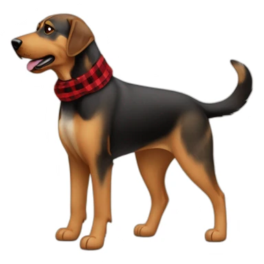 adult 75% Coonhound 25% German Shepherd mix dog with visible tail wearing small pointed red buffalo plaid bandana full body walking left quickly sticker
