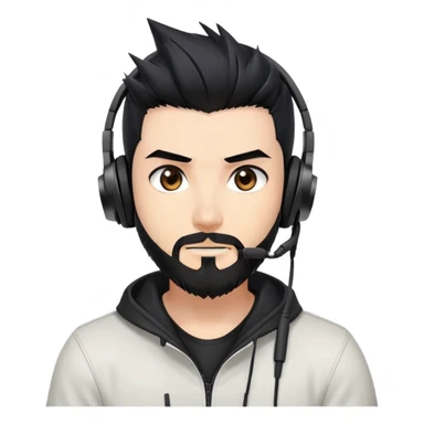 Highly detailed anime-style man with spiky black hair, expressive brown eyes, neat black beard, wearing professional gaming headphones, sharp facial features, anime shading and highlights sticker