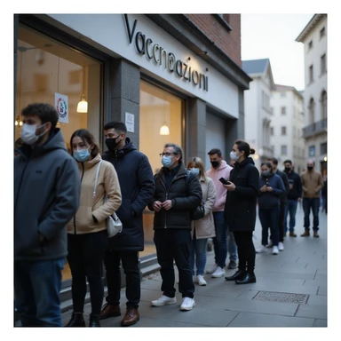 photo-realistic documentary style, diverse group of people in line outside a modern vaccination center, some masked, some talking quietly, clear 'Vaccinazioni' sign, urban setting, soft daylight, 4K resolution sticker