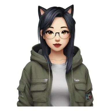 Edgy cool shy colorful Asian urban beautiful pretty anime punk tomboy-lady with cat ears techwear cargo pants hoodie collar  sticker