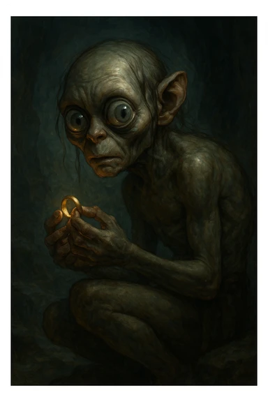 Gollum with large eyes, hunched, holding a ring, stylized fantasy art sticker