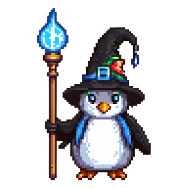 penguin wizard with a pointy hat and magic staff sticker