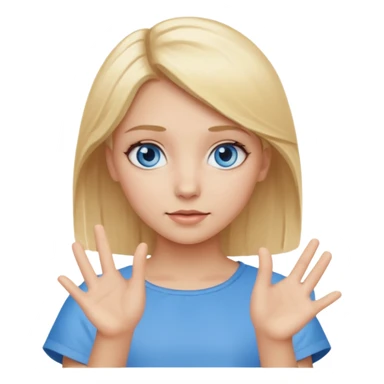 girl with blonde hair and blue eys with heands telling what  sticker