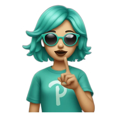 teal haired girl in sunglasses pursing lips and holding up two fingers in peace sign sticker