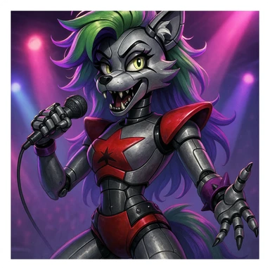 FNAF Security Breach's Roxanne Wolf, depicted as a robotic wolf with a rockstar look, green hair, and purple highlights sticker