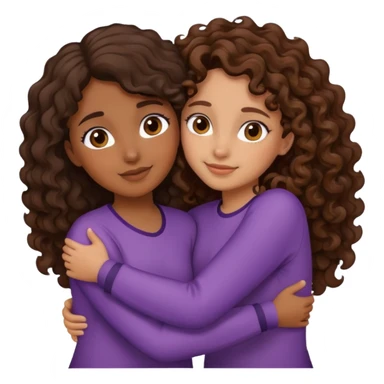 two girls hugging. they have brown skin tone. one has curly dark brown hair. one has medium brown wavy hair.  sticker
