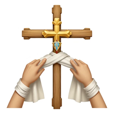 Cross made of wood, the top of the tip of the cross, a golden cross, and a white cloth hanging over the two arms of the cross sticker