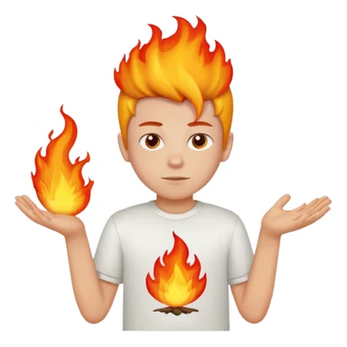 A boy with no hands fire instead made out of red fire and the boy is wearing a shirt that says FIRE C sticker