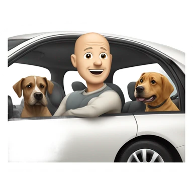 A bald man in his 50s driving a Prius filled with a bunch of dogs sticking their heads out of the windows sticker