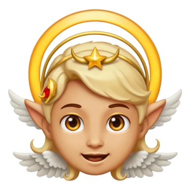 playful emoji face with one angelic side with halo and serene expression, one devilish side with horn and mischievous grin sticker